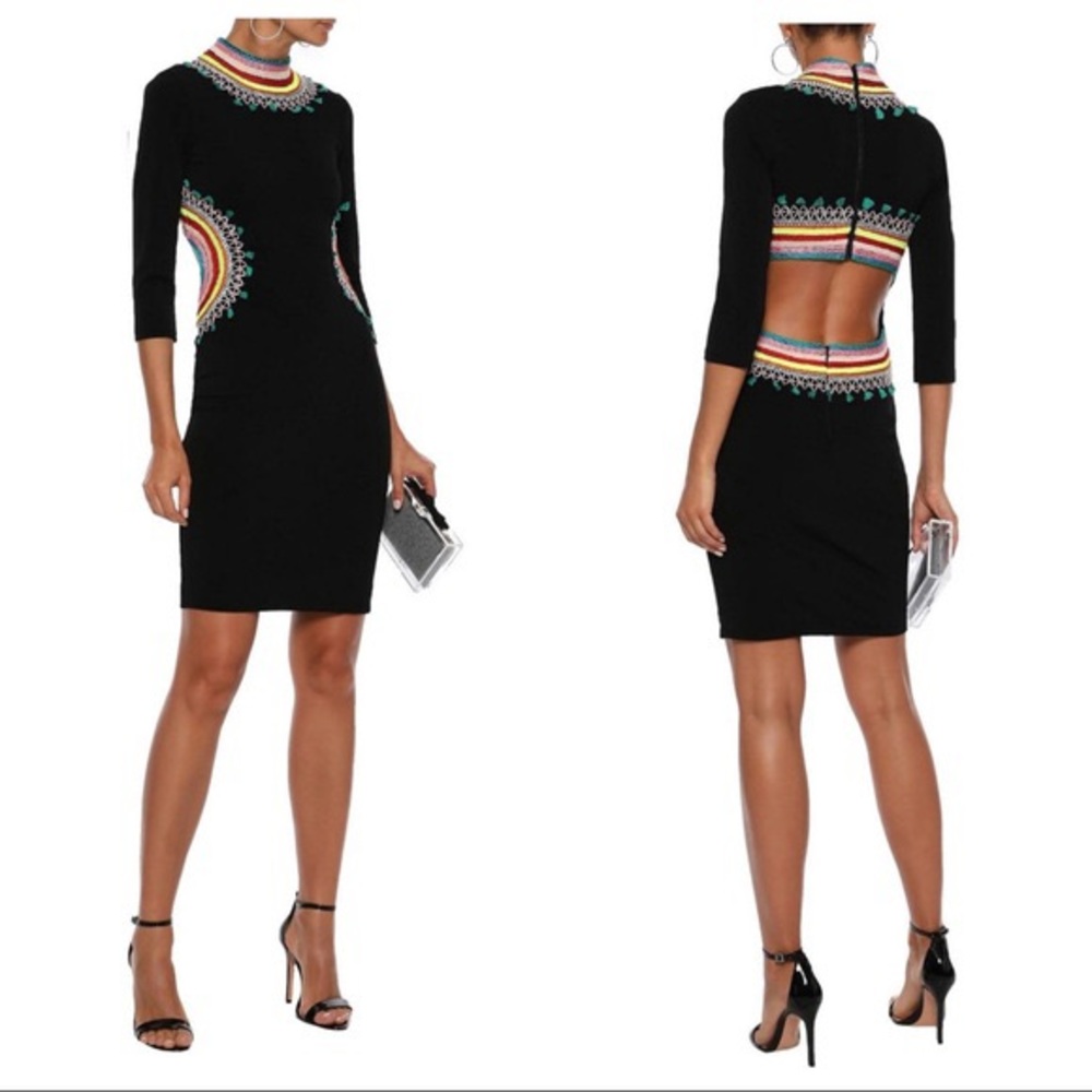 Alice +Olivia tamson embroidered open back fitted midi dress